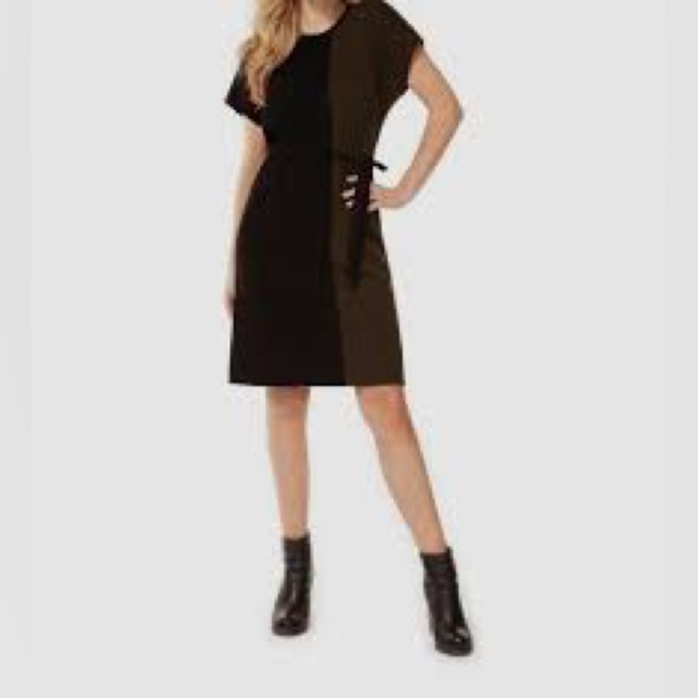 DEX:Ribbed knit color blocked black&olive midi dress.Self tie waist-size X 12-14